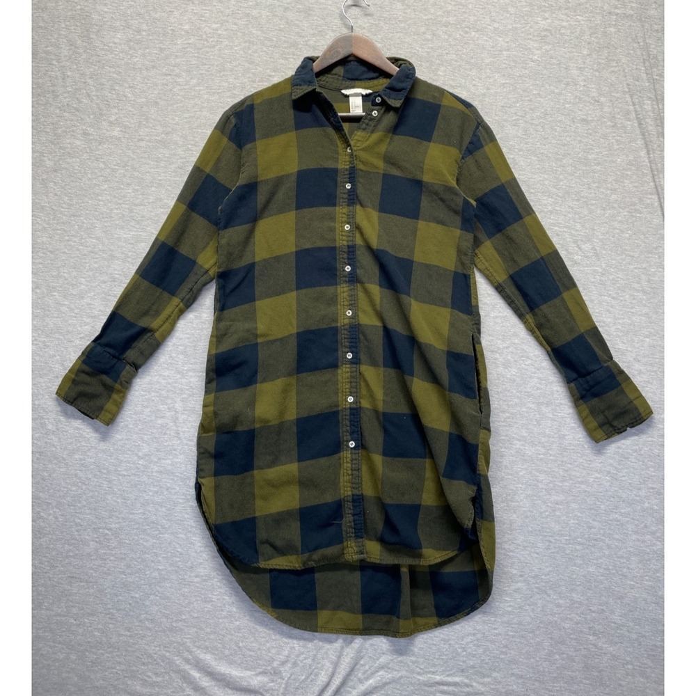 H&M Shirt Dress Womens 6 Green Navy Plaid Check Cotton High Low Hem Button Front